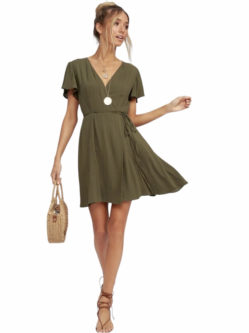NWT Lulus Harbor Point Olive Green Wrap Dress Size Small Mini Length
